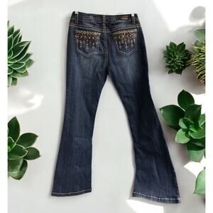 Keya Women’s Bootcut Jeans Size 35 Brown Tan Embroidered Studded EUC